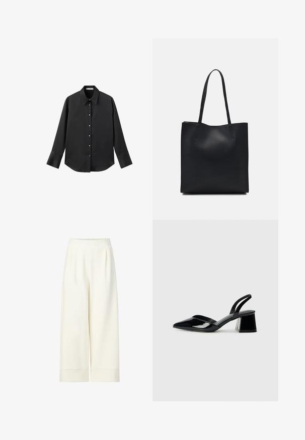 Black long-sleeve shirt in smooth fabric, featuring a classic collar, front button closure with gold-tone buttons, and wide cuffs.; White wide-leg cropped pants with an elastic waistband, smooth texture, and subtle pleats at the front, featuring stitched hems at the bottom.; Black patent leather slingback heels with a pointed toe and a geometric block heel. Features a sleek, minimal design and smooth texture.; Black leather tote bag with smooth texture, rectangular shape, and two long handles. No visible hardware or embellishments.