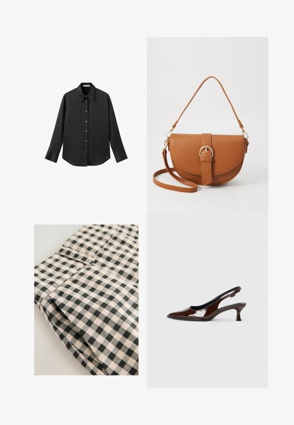 Čierna dlhá rukávová košeľa z hladkého materiálu, s klasickým golierom, predným zapínaním na gombíky so zlatými gombíkmi a širokými manžetami.; Čierna a béžová kockovaná tkanina s hladkou textúrou. Detail zobrazuje prehnutú časť s vreckom a čistými obšívacími líniami.; Hnedá lakovaná slingback obuv s špicatou špičkou a mierne vysokým opätkom. Obsahuje pracku pre bezpečné upevnenie. Hladká textúra.; Hnedá kožená kabelka cez telo s zakriveným tvarom, zlatými kovovými doplnkami a akcentom s prackou. Obsahuje odnímateľný ramenný popruh.