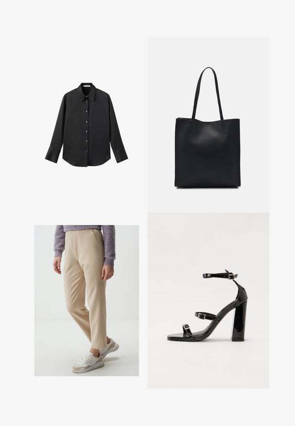 Zwarte lange mouwen shirt van gladde stof, met een klassieke kraag, een sluiting met knopen aan de voorkant met gouden knopen en brede manchetten.; Beige op maat gemaakte broek met een gladde textuur, voorzien van voorplooien en een slim fit. Gepaarde met wit en beige sneakers.; Zwarte gepatenteerde sandalen met hak en een vierkante neus, enkelbandjes en zilveren gespen. Heeft een stevige blokhak voor stabiliteit.; Zwarte leren handtas met een gladde textuur, rechthoekige vorm en twee lange handvaten. Geen zichtbare hardware of versieringen.
