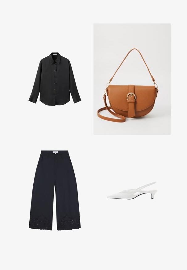 Schwarz langärmliges Hemd aus glattem Stoff, mit klassischem Kragen, frontaler Knopfleiste mit goldfarbenen Knöpfen und breiten Manschetten.; Weite Beinform-Hosen aus dunkelblauem Stoff, mit floralen Stickereien, dekorativen Spitzenbesätzen und seitlichen Taschen für zusätzliche Details.; Weißer Slingback-Absatzschuh mit spitzer Zehenpartie, featuring ein glattes Obermaterial, subtile Ausschnitte und einen niedrigen Blockabsatz. Die schwarze Sohle betont das Design.; Braune Leder-Crossbody-Tasche mit geschwungener Form, goldfarbenen Beschlägen und einer Schnallenakzentuierung. Verfügt über einen abnehmbaren Schultergurt.