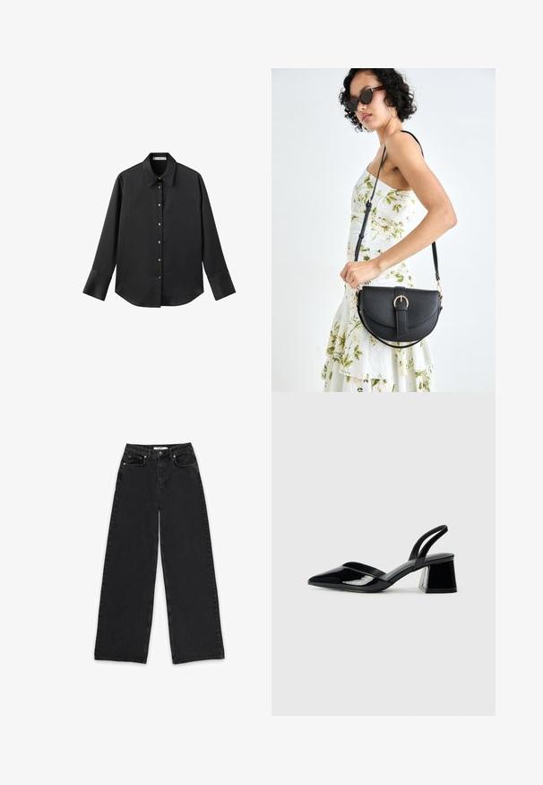 Čierna dlhá rukávová košeľa z hladkého materiálu, s klasickým golierom, predným zapínaním na gombíky so zlatými gombíkmi a širokými manžetami.; Čierne široké džínsy vyrobené z denimu, s vysokým pásom, dvoma prednými vreckami a zapínaním na gombík so zipsom.; Čierne lakované kožené sandálové podpätky s špicatou špičkou a geometrickým blokovým podpätkom. Disponujú elegantným, minimalistickým dizajnom a hladkým povrchom.; Čierna kožená kabelka s zaobleným tvarom, odnímateľným popruhom a zlatými doplnkami. Kabelka má klopu s detailom s prackou.