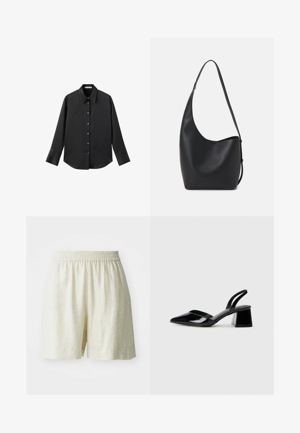 Black long-sleeve shirt in smooth fabric, featuring a classic collar, front button closure with gold-tone buttons, and wide cuffs.; Linen shorts, cream color, with an elastic waistband and loose fit. Simple design, smooth texture, and no visible patterns or hardware.; Black patent leather slingback heels with a pointed toe and a geometric block heel. Features a sleek, minimal design and smooth texture.; Black leather hobo bag with a smooth texture, curved shape, and single adjustable strap; features a wide opening at the top.