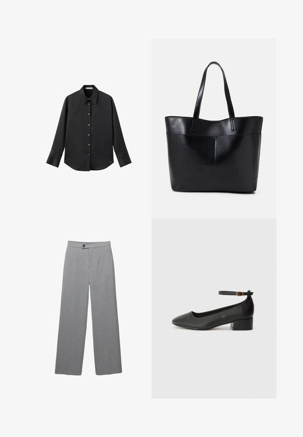 Cămașă neagră cu mâneci lungi dintr-un material neted, având un guler clasic, închidere frontală cu butoane aurii și manșete late.; Pantaloni gri, ajustați, cu picior wide, față plată și textură subtilă. Au închidere cu un singur buton și linii clare.; Pantof cu toc negru din piele, cu vârf ascuțit și toc mic pătrat. Dispune de o curea la gleznă cu o cataramă în tonuri de aur. Textură netedă.; Geantă oversized din piele neagră, cu două mânere lungi, de textură netedă și formă structurată. Are un buzunar frontal pentru stocare suplimentară.