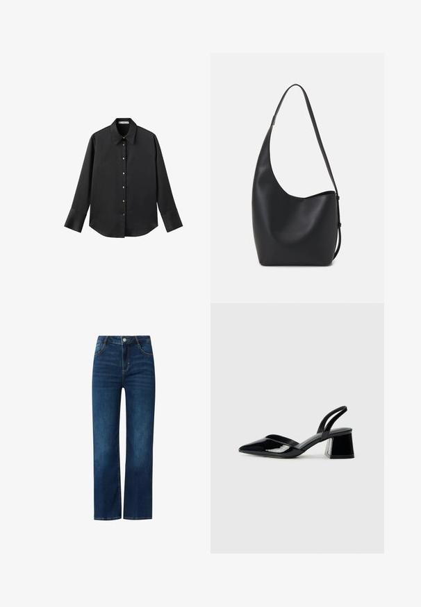 Maglietta nera a maniche lunghe in tessuto morbido, con colletto classico, chiusura frontale con bottoni dorati e polsini ampi.; Jeans in denim blu con design a gamba dritta, dotati di zip frontale, cinque tasche e cuciture a contrasto. Texture liscia, lavaggio medio.; Décolleté in vernice nera con punta affusolata e tacco in geometria cubica. Presentano un design elegante e minimalista, con una texture liscia.; Borsa hobo nera in pelle con una superficie liscia, forma curvata e una singola tracolla regolabile; presenta un'ampia apertura nella parte superiore.