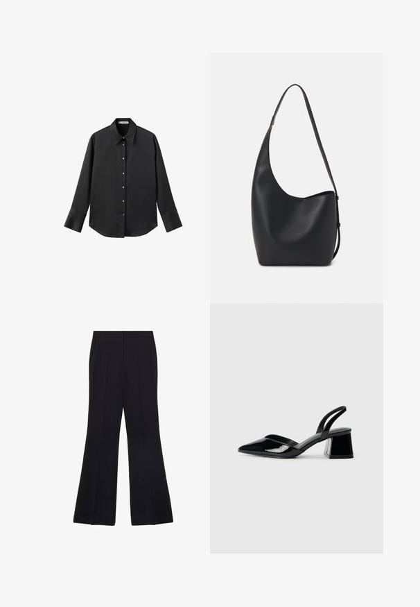 Black long-sleeve shirt in smooth fabric, featuring a classic collar, front button closure with gold-tone buttons, and wide cuffs.; Black flared trousers with a smooth fabric, featuring a flat front, side pockets, and a tailored design for a structured fit.; Black patent leather slingback heels with a pointed toe and a geometric block heel. Features a sleek, minimal design and smooth texture.; Black leather hobo bag with a smooth texture, curved shape, and single adjustable strap; features a wide opening at the top.