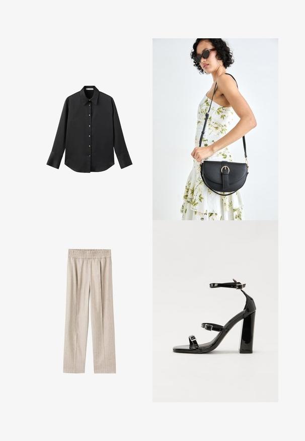 Svart långärmad skjorta i mjukt tyg, med klassisk krage, framknäppning med knappar i guldton och breda manschetter.; Ljust beige vida byxor i strukturerad tyg med subtila vertikala ränder, med resår i midjan för komfort.; Svarta lackerade klacksandaler med fyrkantig tå, ankelremmar och silverfärgade spännen. Har en kraftig blockklack för stabilitet.; Svart läderhandväska med en böjd form, avtagbar rem och guldiga detaljer. Väskan har ett lock med en spänndetalj.