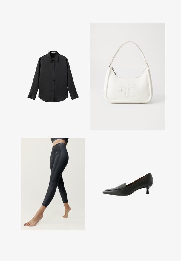 Czarna koszula z długim rękawem z gładkiego materiału, z klasycznym kołnierzykiem, zapięciem na guziki z przodu w złotym odcieniu oraz szerokimi mankietami.; Czarne legginsy sportowe o gładkiej fakturze, z wysokim stanem i płaskimi szwami. Posiadają minimalistyczne detale i dopasowany krój.; Czarne skórzane buty na obcasie z wąskim noskiem i dekoracyjnym paskiem. Posiadają niski obcas szpilkowy i gładką fakturę.; Biała skórzana torebka o zaokrąglonym kształcie, z wytłoczonym logo "CK" z przodu i pojedynczym paskiem na ramię. Zapięcie na zamek z góry.