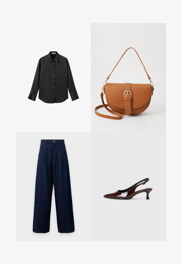 Čierna dlhá rukávová košeľa z hladkého materiálu, s klasickým golierom, predným zapínaním na gombíky so zlatými gombíkmi a širokými manžetami.; Tmavomodré riflové nohavice s širokými nohavicami, vysokým pásom, preloženým predným dielom a klasickým zapínaním na gombík, so bočnými vreckami a kontrastným prešívaním.; Hnedá lakovaná slingback obuv s špicatou špičkou a mierne vysokým opätkom. Obsahuje pracku pre bezpečné upevnenie. Hladká textúra.; Hnedá kožená kabelka cez telo s zakriveným tvarom, zlatými kovovými doplnkami a akcentom s prackou. Obsahuje odnímateľný ramenný popruh.