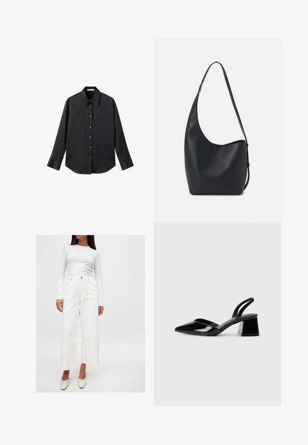 Chemise noire à manches longues en tissu lisse, dotée d'un col classique, d'une fermeture à boutons sur le devant avec des boutons dorés, et de larges poignets.; Haut à manches longues blanc avec une texture côtelée, associé à un jean blanc à taille haute et à jambes larges avec des poches avant et des détails en métal argenté.; Escarpins en cuir verni noir avec bout pointu et talon bloc géométrique. Présente un design élégant et minimaliste ainsi qu'une texture lisse.; Sac hobo en cuir noir avec une texture lisse, une forme incurvée et une seule sangle réglable ; dispose d'une large ouverture en haut.