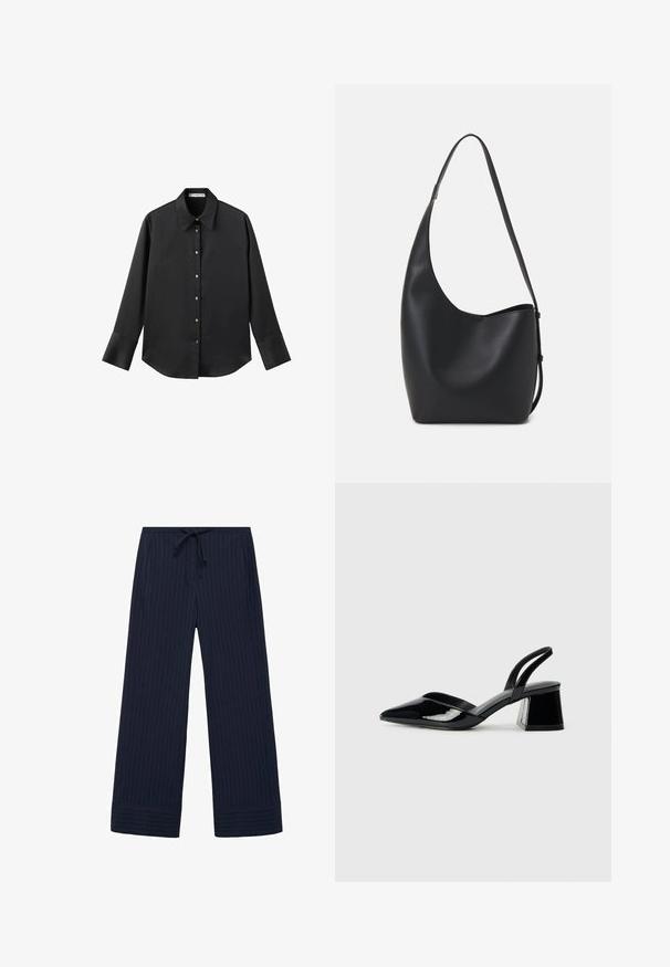 Black long-sleeve shirt in smooth fabric, featuring a classic collar, front button closure with gold-tone buttons, and wide cuffs.; Navy wide-leg pants with a pinstripe pattern, featuring an elastic waistband with a drawstring, side pockets, and a textured fabric.; Black patent leather slingback heels with a pointed toe and a geometric block heel. Features a sleek, minimal design and smooth texture.; Black leather hobo bag with a smooth texture, curved shape, and single adjustable strap; features a wide opening at the top.