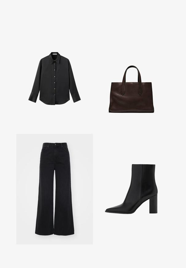 Czarna koszula z długim rękawem z gładkiego materiału, z klasycznym kołnierzykiem, zapięciem na guziki z przodu w złotym odcieniu oraz szerokimi mankietami.; Czarne szerokie jeansy z wysokim stanem, z kieszeniami z przodu i z tyłu, szlufkami na pasek oraz z zapięciem na guzik.; Czarny skórzany botek za kostkę z ostrywnym noskiem, kwadratowym obcasem, gładką fakturą oraz detalami szycia wzdłuż szwów. Wysokość obcasów wynosi około 3,5 cala.; Brązowa skórzana torba tote z dwoma wydłużonymi uchwytami, usztywnionym prostokątnym kształtem, gładką teksturą i subtelnymi detalami przeszycia.