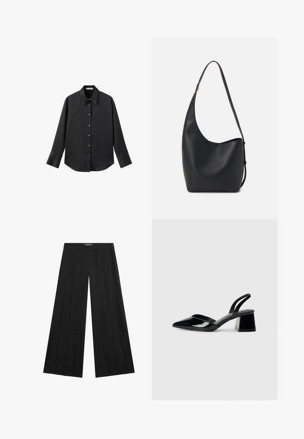 Schwarz langärmliges Hemd aus glattem Stoff, mit klassischem Kragen, frontaler Knopfleiste mit goldfarbenen Knöpfen und breiten Manschetten.; Schwarze weiter Beinschnitt-Hosen mit hohem Bund und Falten, glatter Textur und minimalistischer Gestaltung. Reißverschluss an der Seite.; Schwarze Lackleder-Slingback-High Heels mit spitzem Schuh und einem geometrischen Blockabsatz. Verfügt über ein schlankes, minimalistisches Design und eine glatte Textur.; Schwarze Leder-Hobo-Tasche mit einer glatten Textur, geschwungener Form und einem einzelnen verstellbaren Tragegurt; verfügt über eine weite Öffnung am oberen Ende.