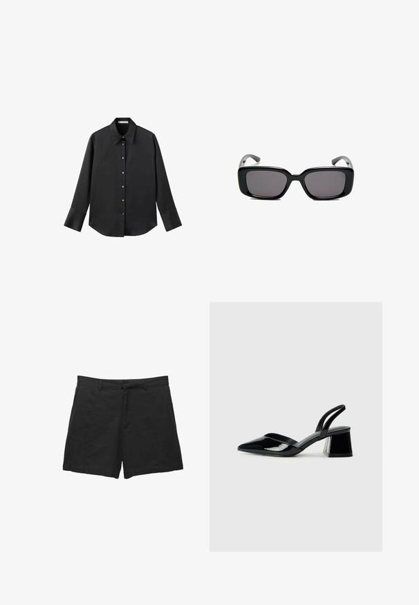 Czarna koszula z długim rękawem z gładkiego materiału, z klasycznym kołnierzykiem, zapięciem na guziki z przodu w złotym odcieniu oraz szerokimi mankietami.; Czarne lniane szorty o dopasowanym kroju, gładkim przodzie, z paskiem i kieszeniami po bokach. Gładka tekstura z wykończeniem na równo.; Czarne lakierowane półbuty na obcasie z wydłużonym noskiem i geometrycznym słupkiem. Charakteryzują się eleganckim, minimalistycznym designem oraz gładką fakturą.; Czarne prostokątne okulary przeciwsłoneczne z ciemnymi soczewkami, gładką plastikową ramką i wygiętymi zausznikami. Projekt jest masywny, o minimalistycznej estetyce.