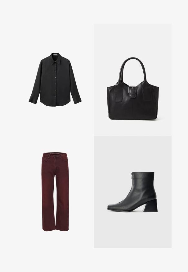 Crna košulja dugih rukava od glatkog materijala, s klasičnim ovratnikom, prednjim kopčanjem na dugmad u boji zlatne i širokim manžetnama.; Bordo široke traperice napravljene od denima, s zatvaranjem na dugme i dizajnom s pet džepova; glatka tekstura s suptilnim varijacijama boje.; Crne kožne gležnjače sa četvrtastim vrhom, bočnim patentnim zatvaračem i blok petom na jednostavnoj svijetloj pozadini.; Crna kožna torba za nošenje s glatkom teksturom, strukturiranim oblikom, dvije ručke i istaknutim srebrnim kopčanjem na prednjoj strani.