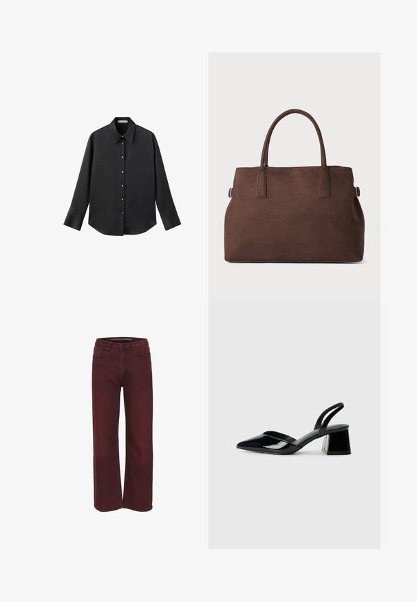 Črna majica z dolgimi rokavi iz gladkega materiala, z klasičnim ovratnikom, sprednjim zapiranjem na gumbe z zlatimi gumbi in širokimi manšetami.; Bordo široke traperice iz denima, s zapiranjem na gumb i dizajnom s pet džepova; glatka tekstura s suptilnom varijacijom boje.; Črne lakirane slingback pete s koničastim nosom in geometrijsko blokasto peto. Imajo eleganten, minimalističen dizajn in gladko teksturo.; Rjava tote torba iz umetnega usnja z dvema trdnima ročajema, strukturirano obliko in minimalističnim dizajnom, ki vsebuje subtilne šive.