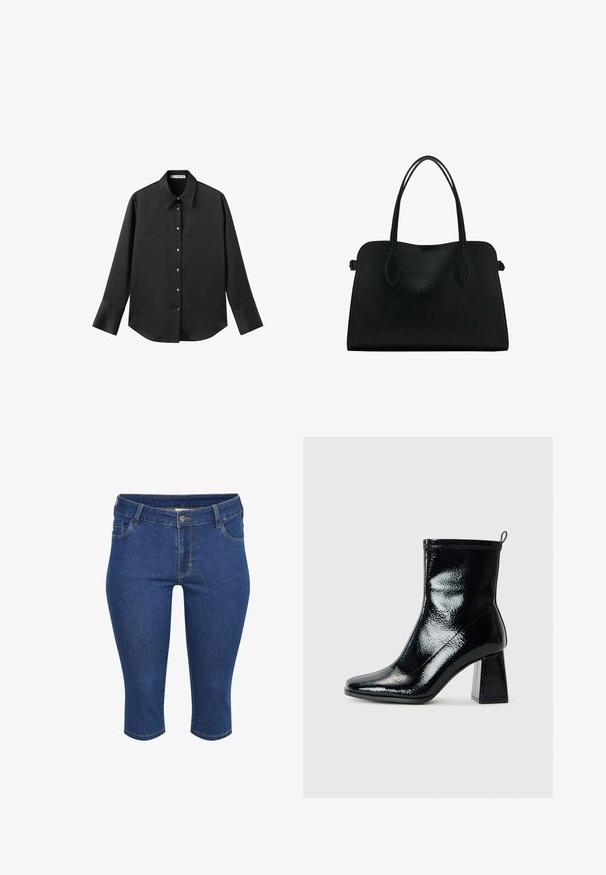 Černá dlouhá rukávová košile z hladkého materiálu, s klasickým límečkem, předním zapínáním na knoflíky ve zlatém tónu a širokými manžetami.; Kaffe Curve VICKA MIE CAPRI - Džínové kraťasy - medium blue washed denim; Černé lakované kotníkové boty se čtveratou špičkou a masivním geometrickým podpatkem. Disponují hladkým, lesklým vzhledem a zadním poutkem pro snadné obutí.; Černá kožená kabelka s dvojitými ramenními popruhy, obdélníkový tvar a minimalistický design na bílém pozadí.; Zlaté kruhové náušnice s leštěným povrchem, které mají rýhovaný design a zapínání na tyčinku. Kulatý, robustní tvar.