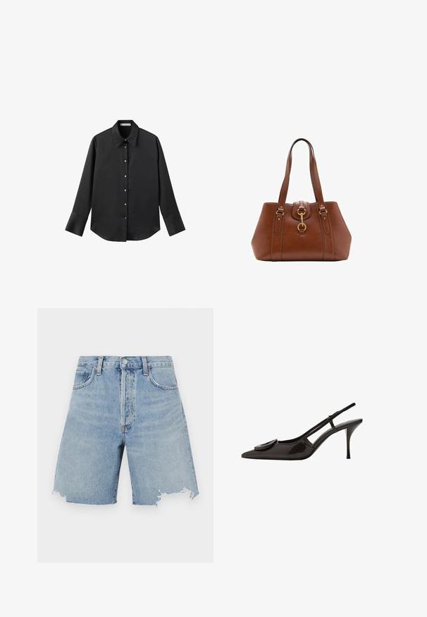 Črna majica z dolgimi rokavi iz gladkega materiala, z klasičnim ovratnikom, sprednjim zapiranjem na gumbe z zlatimi gumbi in širokimi manšetami.; Svetlo modri denim kratki hlače z visokim pasom, z obrabljenim robom, dvema sprednjima žepoma in klasično pet-džepno zasnovo.; Črne lakirane slingback čevlje s koničastim prstom, minimalističnim dizajnom, majhnim okroglim detajlom na vampu in ozkim petam.; Rjava usnjena torba z dvema ročajema, okroglo obliko, zlatim okovjem in osrednjim detajlom z zaponko. Gladka tekstura z izvezenimi detajli.