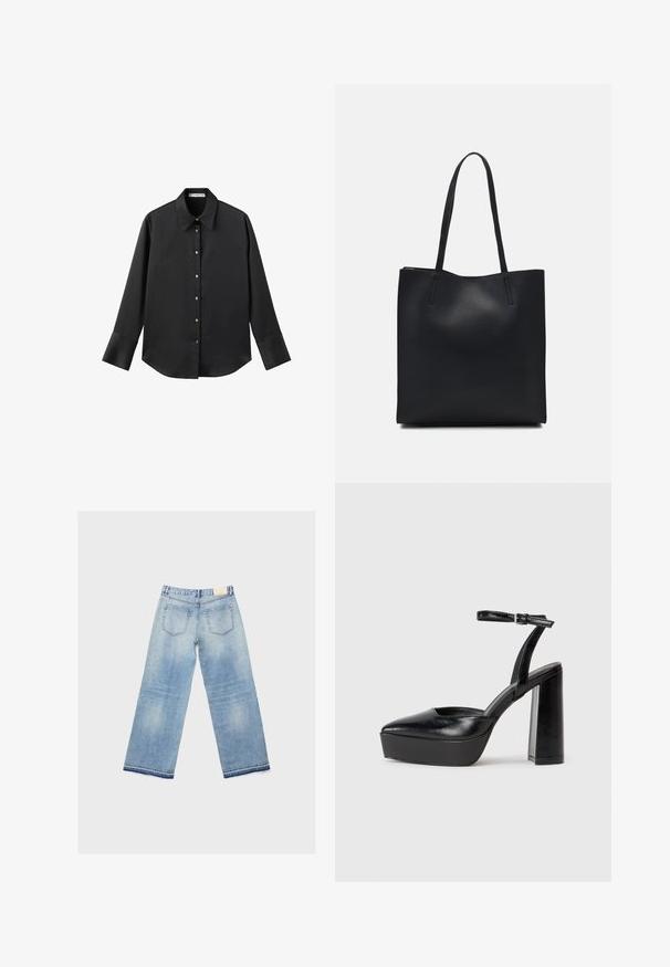 Crna košulja dugih rukava od glatkog materijala, s klasičnim ovratnikom, prednjim kopčanjem na dugmad u boji zlatne i širokim manžetnama.; Svijetloplave široke traperice s izblijedjelim dizajnom, s dva stražnja džepa i šivenim rubom. Napravljene od traper tkanine.; Crne platforme s potpeticom s oštrim vrhom i podešivom naramenicom. Izrađene od glatke kože, s masivnom blok petom.; Crna kožna torba za nošenje s glatkom teksturom, pravokutnim oblikom i dvije duge ručke. Nema vidljivih metalnih dijelova ili ukrasa.