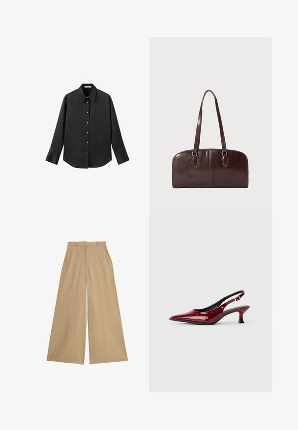 Sort langærmet skjorte i glat stof, med klassisk krave, frontlukning med guldtonede knapper og brede manchetter.; Beige brede bukser lavet af et let væv, med to sidelommer, flad front og en glat overflade.; Bordeaux patenteret læder slingback hæle med spids tå og en slank stiletto hæl. Åben rygdesign med justerbar ankelrem.; Brun lædertaske med to lange håndtag, en struktureret rektangulær form, glat tekstur og afrundede kanter. Har accentdetaljer ved håndtagene.