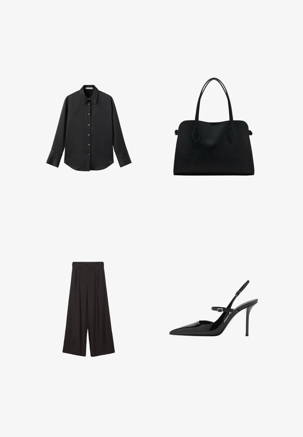 Black long-sleeve shirt in smooth fabric, featuring a classic collar, front button closure with gold-tone buttons, and wide cuffs.; Black wide-leg trousers with pleated front design, made from smooth fabric. Features a high waist and relaxed, flowy silhouette.; Black patent leather slingback high heels with a pointed toe, adjustable strap, and stiletto heel. Smooth surface with shiny finish.; Black leather handbag with dual shoulder straps, rectangular shape, and minimalistic design on a white background.