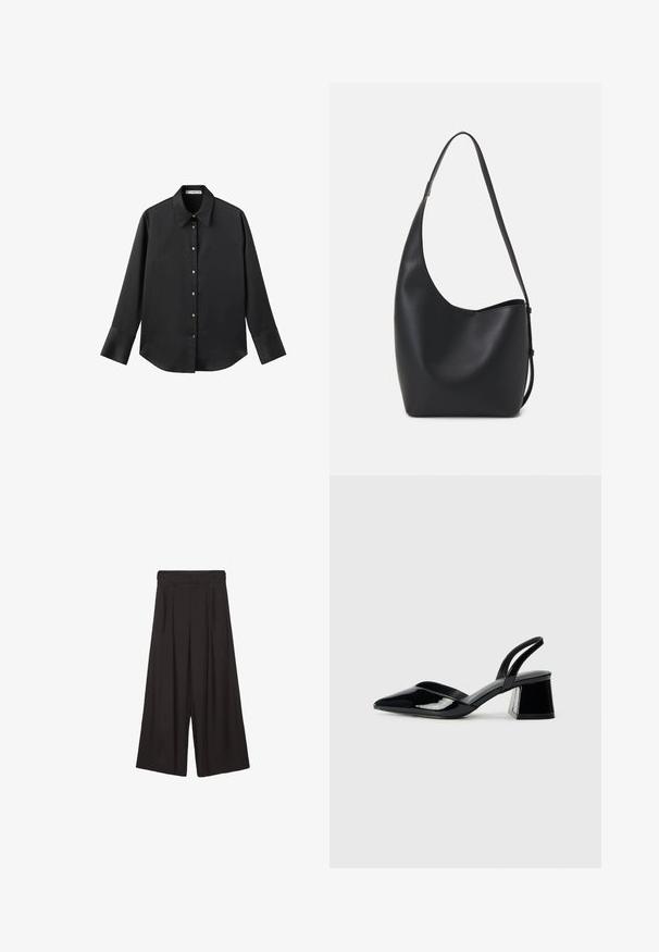 Maglietta nera a maniche lunghe in tessuto morbido, con colletto classico, chiusura frontale con bottoni dorati e polsini ampi.; Pantaloni neri a gamba larga con design pieghettato nella parte anteriore, realizzati in tessuto morbido. Presentano una vita alta e una silhouette rilassata e fluida.; Décolleté in vernice nera con punta affusolata e tacco in geometria cubica. Presentano un design elegante e minimalista, con una texture liscia.; Borsa hobo nera in pelle con una superficie liscia, forma curvata e una singola tracolla regolabile; presenta un'ampia apertura nella parte superiore.