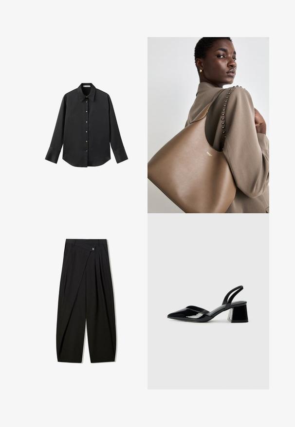 Crna košulja dugih rukava od glatkog materijala, s klasičnim ovratnikom, prednjim kopčanjem na dugmad u boji zlatne i širokim manžetnama.; Crne hlače širokih nogavica izrađene od gladkog materijala, s prednjim plitkim nabranjima, zatvaranjem na gumb i krojem koji osigurava strukturiranu siluetu.; Crne lakirane kožne sandale s otvorenom petom i špicastim vrhom, s geometrijskom blok petom. Imaju elegantan, minimalistički dizajn i glatku teksturu.; Smeđa kožna tašna s glatkom teksturom, koja ima zakrivljeni siluet i metalni logotip. Traka ima dekorativne zakovice duž šava.