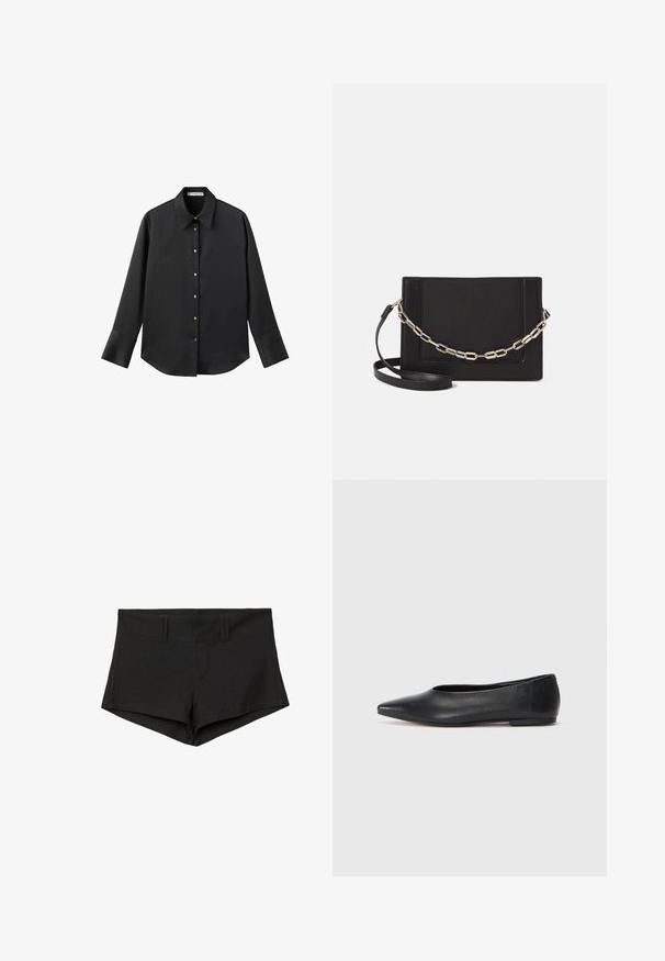 Čierna dlhá rukávová košeľa z hladkého materiálu, s klasickým golierom, predným zapínaním na gombíky so zlatými gombíkmi a širokými manžetami.; Čierne bavlnené šortky so priliehavým strihom, s vysokým pásom a bočnými vreckami. Materiál má hladkú textúru a minimálne švy.; Čierne kožené baletky, špicatý špička, minimalistický dizajn, hladká textúra, nízky podpätok, bez viditeľných prvkov alebo ozdôb.; Čierna kožená crossbody taška s hladkou textúrou, obdĺžnikovým tvarom a kovovým reťazovým detailom na prednej strane. Súčasťou je nastaviteľný popruh.