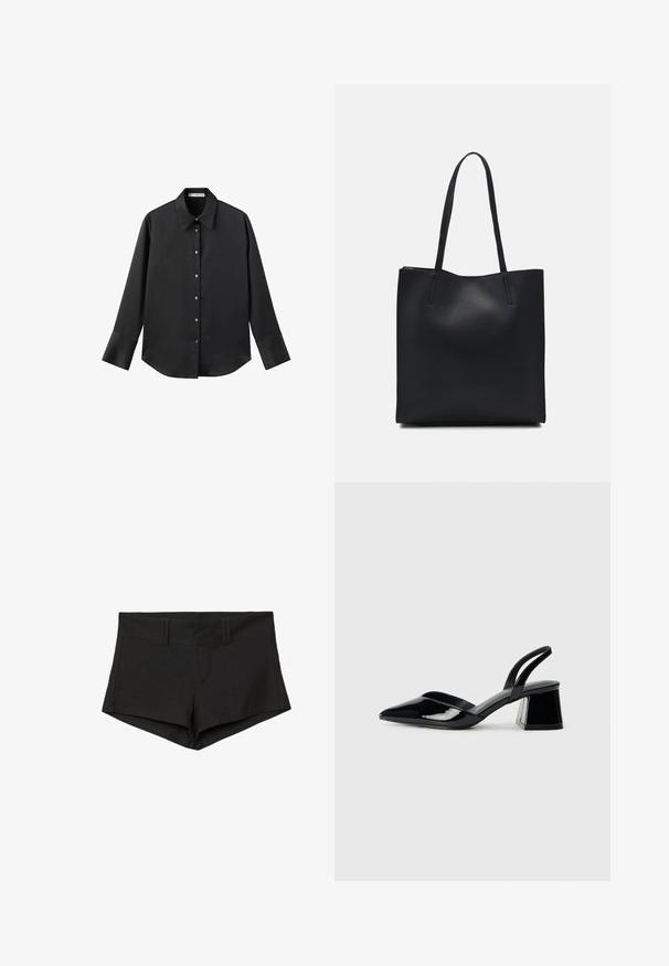 Black long-sleeve shirt in smooth fabric, featuring a classic collar, front button closure with gold-tone buttons, and wide cuffs.; Black cotton shorts with a fitted design, featuring a high waistband and side pockets. The fabric has a smooth texture and minimal seams.; Black patent leather slingback heels with a pointed toe and a geometric block heel. Features a sleek, minimal design and smooth texture.; Black leather tote bag with smooth texture, rectangular shape, and two long handles. No visible hardware or embellishments.