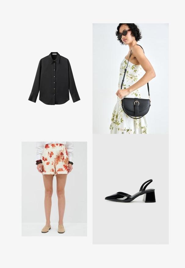 Maglietta nera a maniche lunghe in tessuto morbido, con colletto classico, chiusura frontale con bottoni dorati e polsini ampi.; Pantaloni corti floreali in crema con motivi rossi e arancioni, rifiniti con pieghe sul davanti e risvolti, realizzati in tessuto leggero.; Décolleté in vernice nera con punta affusolata e tacco in geometria cubica. Presentano un design elegante e minimalista, con una texture liscia.; Borsa a tracolla nera in pelle con una forma curva, manico rimovibile e accessori dorati. La borsa presenta una patta con un dettaglio a fibbia.