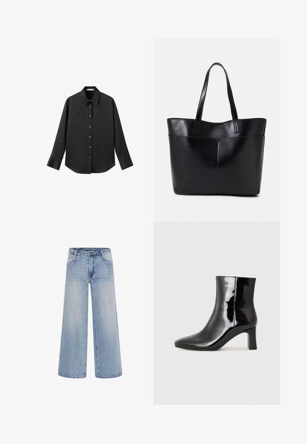 Cămașă neagră cu mâneci lungi dintr-un material neted, având un guler clasic, închidere frontală cu butoane aurii și manșete late.; Jeanși largi de culoare albastru deschis, cu talie înaltă, cinci buzunare și cusături în contrast. Fabricate din denim cu o textură netedă.; Botine negre din piele lacuită, cu vârful ascuțit și toc bloc de înălțime medie. Textură netedă și design minimalist.; Geantă oversized din piele neagră, cu două mânere lungi, de textură netedă și formă structurată. Are un buzunar frontal pentru stocare suplimentară.