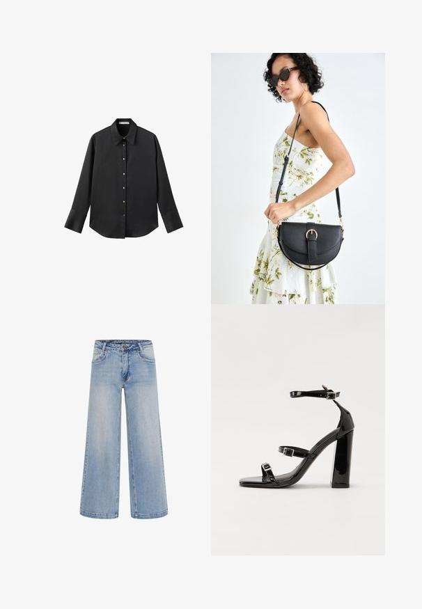 Čierna dlhá rukávová košeľa z hladkého materiálu, s klasickým golierom, predným zapínaním na gombíky so zlatými gombíkmi a širokými manžetami.; Svetlomodré široké džínsy s vysokým pásom, piatimi vreckami a kontrastným prešitím. Vyrobené z denimu s hladkou textúrou.; Čierne lakované sandále na podpätku so štvorcovou špičkou, navlečenými remienkami okolo členku a striebornými prackami. Disponujú masívnym blokovým podpätkom pre stabilitu.; Čierna kožená kabelka s zaobleným tvarom, odnímateľným popruhom a zlatými doplnkami. Kabelka má klopu s detailom s prackou.