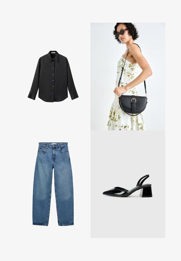 Čierna dlhá rukávová košeľa z hladkého materiálu, s klasickým golierom, predným zapínaním na gombíky so zlatými gombíkmi a širokými manžetami.; Svetlomodré džínsy s voľným strihom, rovnými nohavicami, dizajnom s piatimi vreckami a zapínaním na gombík. Tkanina má jemnú textúru s miernym vyblednutím.; Čierne lakované kožené sandálové podpätky s špicatou špičkou a geometrickým blokovým podpätkom. Disponujú elegantným, minimalistickým dizajnom a hladkým povrchom.; Čierna kožená kabelka s zaobleným tvarom, odnímateľným popruhom a zlatými doplnkami. Kabelka má klopu s detailom s prackou.