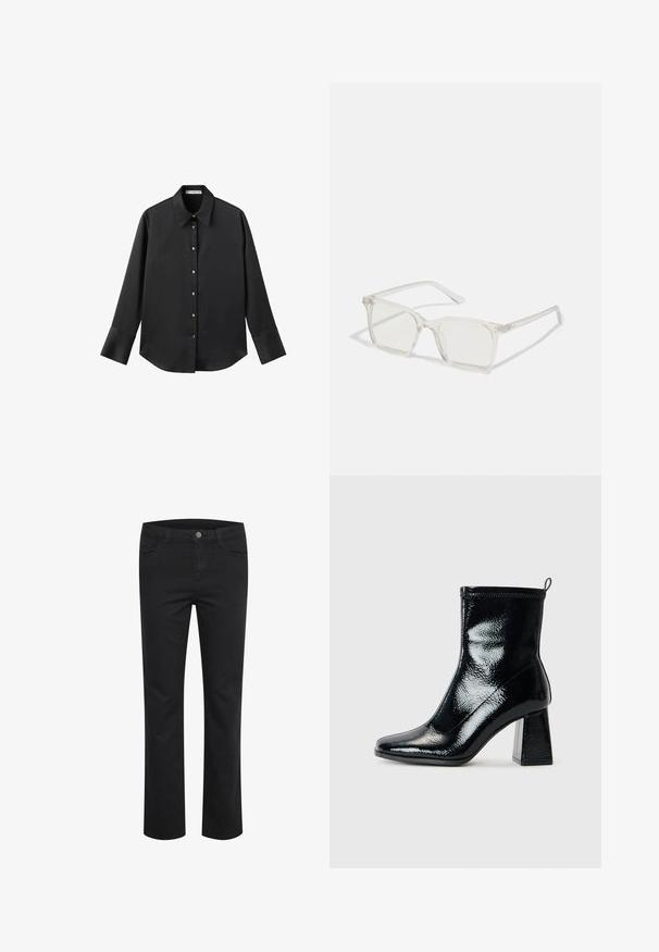 Cămașă neagră cu mâneci lungi dintr-un material neted, având un guler clasic, închidere frontală cu butoane aurii și manșete late.; Pantaloni din denim negru cu un design drept, având două buzunare frontale și un singur nasture metalic la brâu. Textură netedă.; Botine negre din patent, cu vârf pătrat și toc geometric masiv. Prezintă o textură netedă și lucioasă și o bandă de prindere la spate pentru a fi ușor de purtat.; Ochelari de vedere cu rame pătrate din plastic transparent, dotate cu lentile translucide și accente aurii pe temple pentru un detaliu suplimentar.; Geantă de umăr din piele maro cu o textură netedă, design cu vârf deschis și două curele pentru umăr. Prezintă cusături minime și fără componente metalice vizibile.