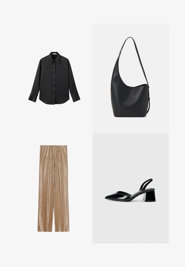 Čierna dlhá rukávová košeľa z hladkého materiálu, s klasickým golierom, predným zapínaním na gombíky so zlatými gombíkmi a širokými manžetami.; Svetlohnedé plisované nohavice vyrobené z lesklého materiálu, s textúrovaným cik-cak vzorom a elastickým pásom pre pohodlie.; Čierne lakované kožené sandálové podpätky s špicatou špičkou a geometrickým blokovým podpätkom. Disponujú elegantným, minimalistickým dizajnom a hladkým povrchom.; Čierna kožená hobo taška so hladkou textúrou, zakriveným tvarom a jedným nastaviteľným popruhom; má široké otvorenie na vrchu.