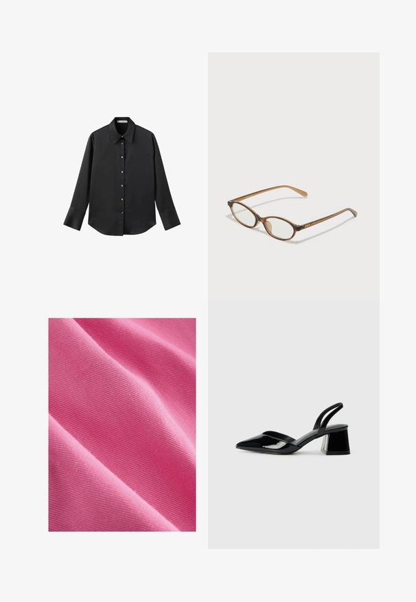 Čierna dlhá rukávová košeľa z hladkého materiálu, s klasickým golierom, predným zapínaním na gombíky so zlatými gombíkmi a širokými manžetami.; Ružová bavlnená tkanina s hladkou textúrou, zobrazujúca diagonálny záhyb, ktorý odhaľuje vzor tkania a rovnomerné zafarbenie po celom povrchu.; Čierne lakované kožené sandálové podpätky s špicatou špičkou a geometrickým blokovým podpätkom. Disponujú elegantným, minimalistickým dizajnom a hladkým povrchom.; Hnedé želvovinové okuliare s oválnymi sklíčkami, tenkými ramenami a priesvitnými akcentmi. Obsahujú jemný logo na stranici. Štýlový, ľahký dizajn.