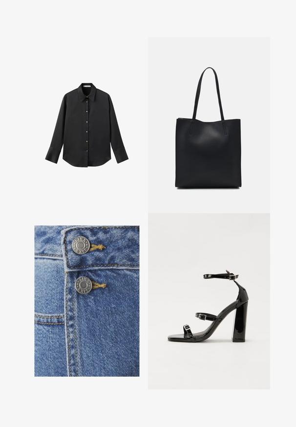 Zwarte lange mouwen shirt van gladde stof, met een klassieke kraag, een sluiting met knopen aan de voorkant met gouden knopen en brede manchetten.; Blauwe denim jeans met twee zilveren metalen knopen bij de taille, gele stiksels en een close-up van de gestructureerde stof.; Zwarte gepatenteerde sandalen met hak en een vierkante neus, enkelbandjes en zilveren gespen. Heeft een stevige blokhak voor stabiliteit.; Zwarte leren handtas met een gladde textuur, rechthoekige vorm en twee lange handvaten. Geen zichtbare hardware of versieringen.