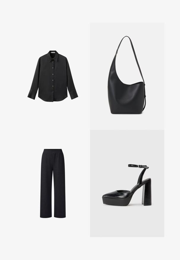 Černá dlouhá rukávová košile z hladkého materiálu, s klasickým límečkem, předním zapínáním na knoflíky ve zlatém tónu a širokými manžetami.; Černé kalhoty s širokými nohavicemi, které mají měkkou texturu a elastický pas. Tkanina se zdá být mírně melírovaná, s uvolněným střihem.; Černé platformové podpatky s špičatou špičkou a nastavitelným kotníkovým popruhem. Vyrobeny z hladké kůže, s masivním blokovým podpatkem.; Černá kožená hobo taška s hladkým povrchem, zakřiveným tvarem a jedním nastavitelným popruhem; má široké otevírání nahoře.