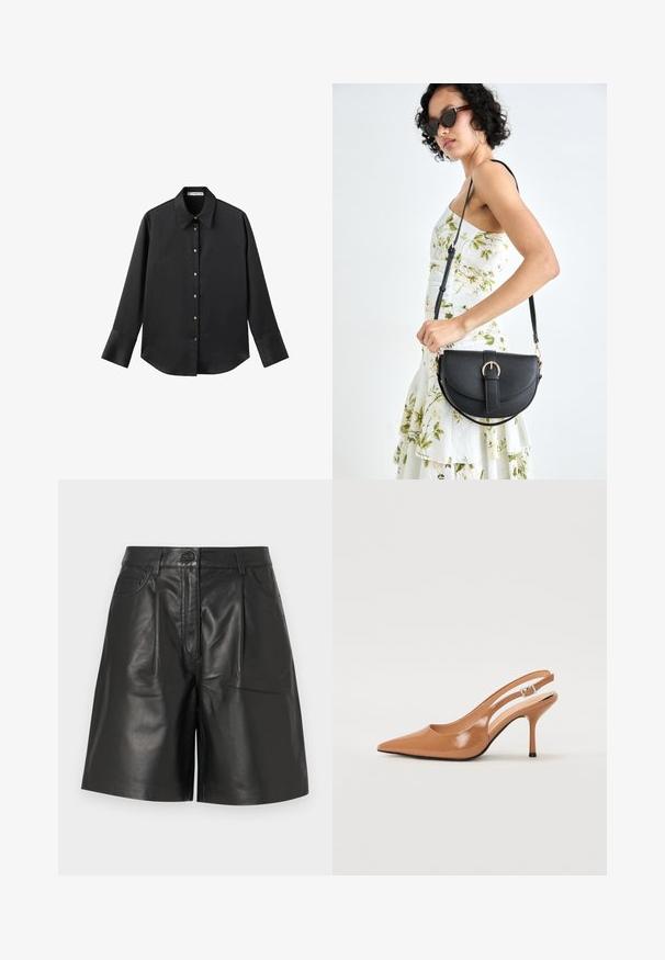 Črna majica z dolgimi rokavi iz gladkega materiala, z klasičnim ovratnikom, sprednjim zapiranjem na gumbe z zlatimi gumbi in širokimi manšetami.; Črshorti iz usnja z gladko teksturo, z zaponko na sprednji strani, dvema žepoma in krojenjem v ravni liniji.; Slinčaste pete z ostro konico v gladkem, sijočem bež materialu. Imajo ukrivljen rez in vitko stiletto peto. Podrobnost s srebrno zaponko.; Črna usnjena torbica s ukrivljeno obliko, z odstranljivo naramnico in zlatimi dodatki. Torbica ima pokrov s podrobnostmi v obliki zaponke.