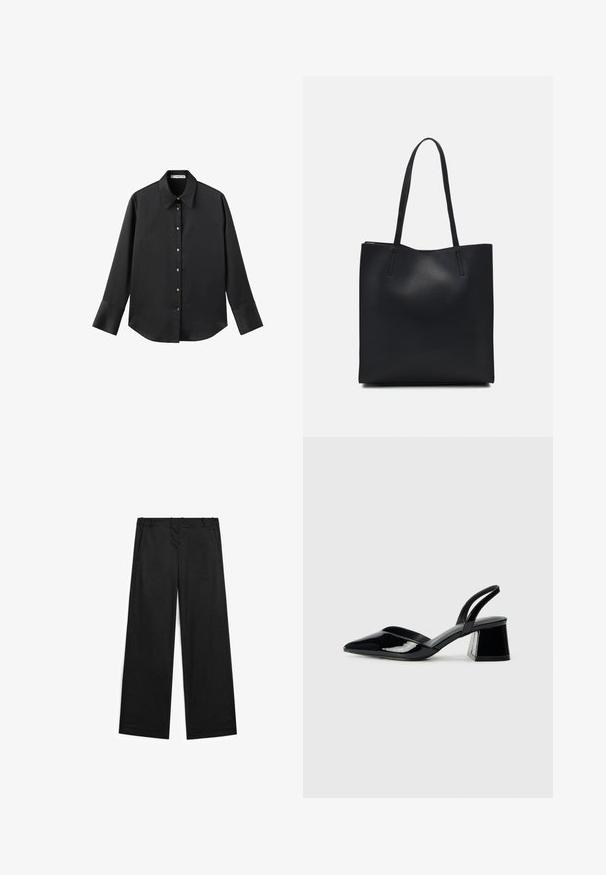 Chemise noire à manches longues en tissu lisse, dotée d'un col classique, d'une fermeture à boutons sur le devant avec des boutons dorés, et de larges poignets.; Pantalon noir à larges jambes en tissu mélangé coton, avec une texture lisse, des poches avant et des détails de couture minimalistes.; Escarpins en cuir verni noir avec bout pointu et talon bloc géométrique. Présente un design élégant et minimaliste ainsi qu'une texture lisse.; Sac fourre-tout en cuir noir avec une texture lisse, de forme rectangulaire et deux longues poignées. Pas de matériel ou d'ornementations visibles.