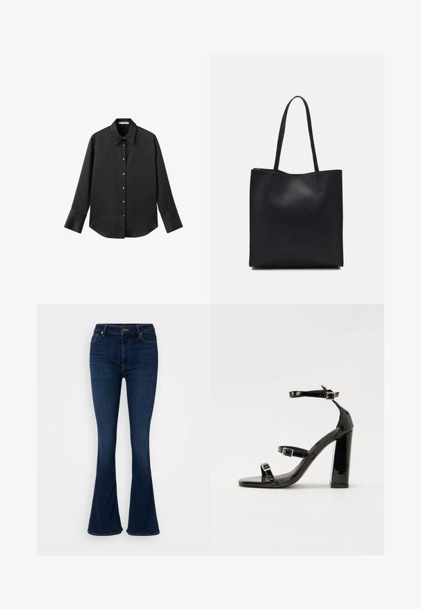 Čierna dlhá rukávová košeľa z hladkého materiálu, s klasickým golierom, predným zapínaním na gombíky so zlatými gombíkmi a širokými manžetami.; Tmavo modré rozšírené džínsy s vysokým pásom vyrobené z denimovej látky. Obsahujú viditeľné švy a zapínanie na prednom tlačidle.; Čierne lakované sandále na podpätku so štvorcovou špičkou, navlečenými remienkami okolo členku a striebornými prackami. Disponujú masívnym blokovým podpätkom pre stabilitu.; Čierna kožená taška na rameno s hladkým povrchom, obdĺžnikovým tvarom a dvoma dlhými uchami. Bez viditeľného kovania alebo ozdôb.