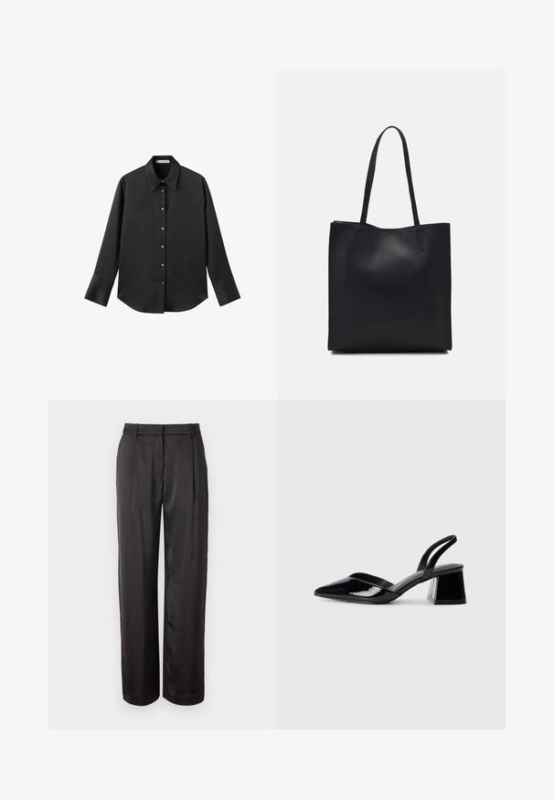 Schwarz langärmliges Hemd aus glattem Stoff, mit klassischem Kragen, frontaler Knopfleiste mit goldfarbenen Knöpfen und breiten Manschetten.; Schwarz, hochtaillierte Hose aus glattem Stoff. Verfügt über einen geraden Schnitt, zwei vordere Falten und Gürtelschlaufen.; Schwarze Lackleder-Slingback-High Heels mit spitzem Schuh und einem geometrischen Blockabsatz. Verfügt über ein schlankes, minimalistisches Design und eine glatte Textur.; Schwarze Laptoptasche aus Leder mit glatter Textur, rechteckiger Form und zwei langen Griffen. Keine sichtbaren Beschläge oder Verzierungen.