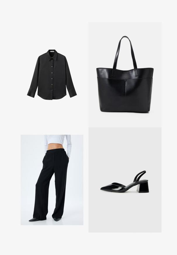 Zwarte lange mouwen shirt van gladde stof, met een klassieke kraag, een sluiting met knopen aan de voorkant met gouden knopen en brede manchetten.; Zwarte wijde broek met een gladde textuur, elastische tailleband en zijzakken, gecombineerd met glanzende zwarte puntschoenen.; Zwarte gepatineerde leren slingback hakken met een spitse neus en een geometrische blokhak. Kenmerkt zich door een slank, minimalistisch ontwerp en een gladde textuur.; Zwarte leren tote bag met twee lange handvatten, een zachte textuur en een gestructureerde vorm. Voorzien van een voorvak voor extra opslagruimte.