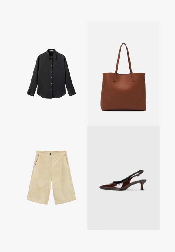 Zwarte lange mouwen shirt van gladde stof, met een klassieke kraag, een sluiting met knopen aan de voorkant met gouden knopen en brede manchetten.; Beige corduroy culottes met een gladde textuur, wijde pijpen, vo pockets aan de voorkant en een knoopsluiting in de taille.; Bruine gepatineerde leren slingback-schoen met een spitse neus en een gematigd hakje. Voorzien van een gespsluiting voor een veilige pasvorm. Glad van textuur.; Bruine leren tote bag met een gladde textuur, een ontwerp met een open bovenkant en twee schouderbanden. Kenmerkt zich door minimale stiksels en geen zichtbare hardware.