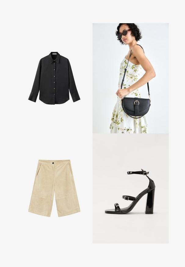 Schwarz langärmliges Hemd aus glattem Stoff, mit klassischem Kragen, frontaler Knopfleiste mit goldfarbenen Knöpfen und breiten Manschetten.; Beige Corduroy-Culottes mit glatter Textur, weitem Bein, Fronttaschen und einem Knopfverschluss am Taillenbund.; Schwarze patentierte Sandalen mit Absatz, quadratischer Spitze, Knöchelriemen und silbernen Schnallen. Mit einem stabilen Blockabsatz für mehr Stabilität.; Schwarze Lederhandtasche mit geschwungener Form, abnehmbarem Tragegurt und goldenen Beschlägen. Die Tasche verfügt über einen Deckel mit einer Schnallen-Details.