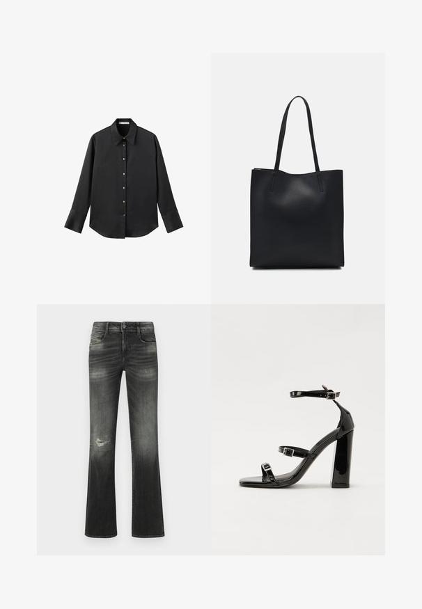 Crna košulja dugih rukava od glatkog materijala, s klasičnim ovratnikom, prednjim kopčanjem na dugmad u boji zlatne i širokim manžetnama.; Crne izblijedjele trapez hlače s ravnim nogavicama, prednjim džepovima, kopčanjem na dugme i malim istrošenim raskidom na lijevom bedru.; Crne lakirane sandale na pete sa kvadratnim nosom, trakama oko gležnja i srebrnim kopčama. Imaju čvrst blok petu za stabilnost.; Crna kožna torba za nošenje s glatkom teksturom, pravokutnim oblikom i dvije duge ručke. Nema vidljivih metalnih dijelova ili ukrasa.