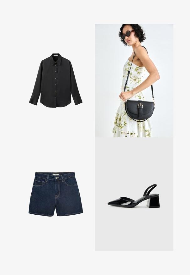 Schwarz langärmliges Hemd aus glattem Stoff, mit klassischem Kragen, frontaler Knopfleiste mit goldfarbenen Knöpfen und breiten Manschetten.; Dunkelblaue Denim-Shorts mit enganliegendem Bund, Fünf-Taschen-Design und kontrastierenden Nähten an den Kanten. Klassischer Knopfverschluss.; Schwarze Lackleder-Slingback-High Heels mit spitzem Schuh und einem geometrischen Blockabsatz. Verfügt über ein schlankes, minimalistisches Design und eine glatte Textur.; Schwarze Lederhandtasche mit geschwungener Form, abnehmbarem Tragegurt und goldenen Beschlägen. Die Tasche verfügt über einen Deckel mit einer Schnallen-Details.