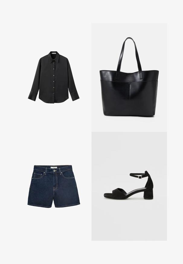 Schwarz langärmliges Hemd aus glattem Stoff, mit klassischem Kragen, frontaler Knopfleiste mit goldfarbenen Knöpfen und breiten Manschetten.; Dunkelblaue Denim-Shorts mit enganliegendem Bund, Fünf-Taschen-Design und kontrastierenden Nähten an den Kanten. Klassischer Knopfverschluss.; Schwarze Wildleder-Espadrilles mit einem dünnen Knöchelriemen, offener Zehenpartie und moderatem Blockabsatz. Glatte Textur und minimale Akzente.; Schwarze Leder-Shopper-Tasche mit zwei langen Griffen, einer glatten Textur und einer strukturierten Form. Verfügt über eine Vordertasche für zusätzlichen Stauraum.