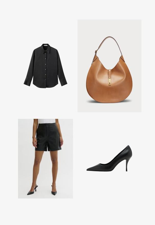 Svart långärmad skjorta i mjukt tyg, med klassisk krage, framknäppning med knappar i guldton och breda manschetter.; Svarta läderbyxor med hög midja, med en slät yta, två framfickor och rena, skräddarsydda linjer.; Svart läderhögklackad sko med spetsig tå, slät yta och en smal stilettklack, med en minimalistisk design.; Tan läderhandväska med en böjd form och ett brett axelband. Har en guldfärgad metallaccent i mitten och en slät yta.