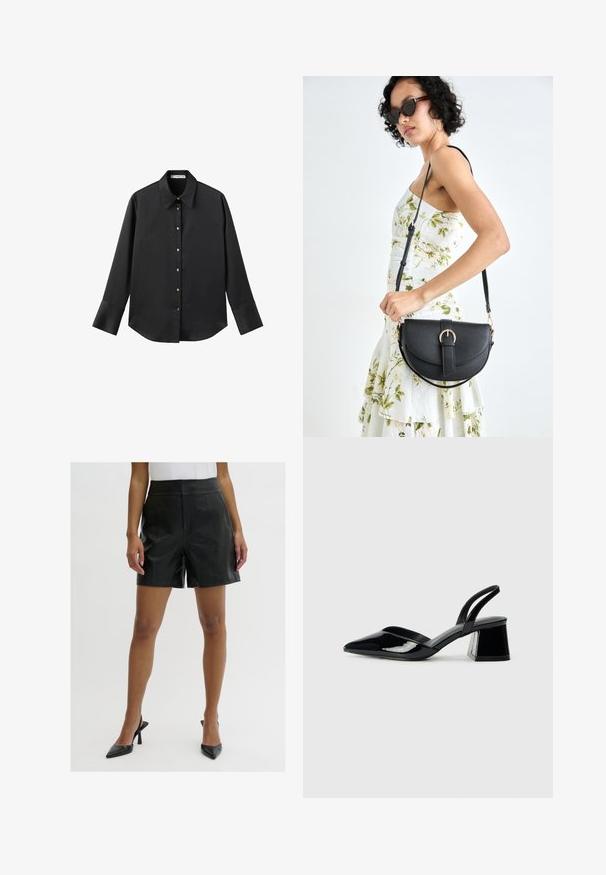 Schwarz langärmliges Hemd aus glattem Stoff, mit klassischem Kragen, frontaler Knopfleiste mit goldfarbenen Knöpfen und breiten Manschetten.; Schwarze Lederkurzshorts mit einem hoch geschnittenen Design, featuring einer glatten Textur, zwei Vordertaschen und klaren, maßgeschneiderten Linien.; Schwarze Lackleder-Slingback-High Heels mit spitzem Schuh und einem geometrischen Blockabsatz. Verfügt über ein schlankes, minimalistisches Design und eine glatte Textur.; Schwarze Lederhandtasche mit geschwungener Form, abnehmbarem Tragegurt und goldenen Beschlägen. Die Tasche verfügt über einen Deckel mit einer Schnallen-Details.