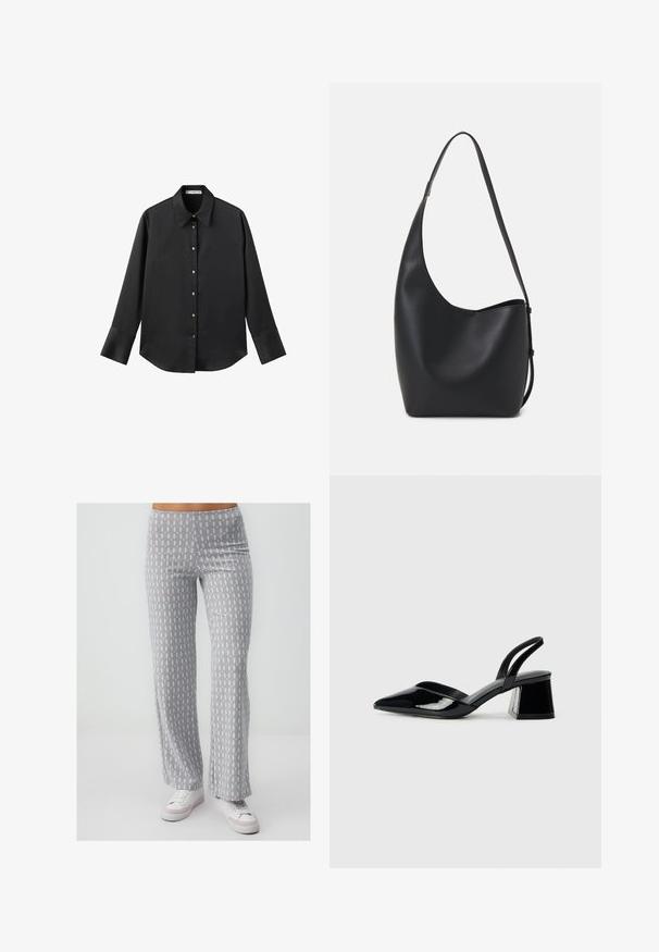 Schwarz langärmliges Hemd aus glattem Stoff, mit klassischem Kragen, frontaler Knopfleiste mit goldfarbenen Knöpfen und breiten Manschetten.; Grau gemusterte weit geschnittene Hosen mit einer sanften Textur, die ein wiederkehrendes Design in Hellblau und Braun aufweisen. Kombiniert mit weißen Sneakern.; Schwarze Lackleder-Slingback-High Heels mit spitzem Schuh und einem geometrischen Blockabsatz. Verfügt über ein schlankes, minimalistisches Design und eine glatte Textur.; Schwarze Leder-Hobo-Tasche mit einer glatten Textur, geschwungener Form und einem einzelnen verstellbaren Tragegurt; verfügt über eine weite Öffnung am oberen Ende.